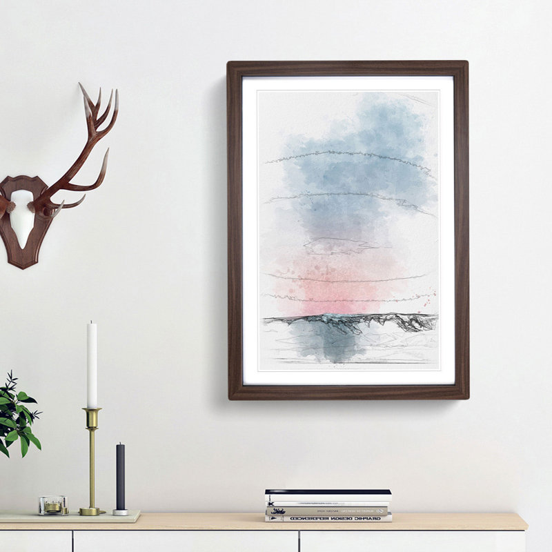 Sunset over the Mountains - Picture Frame Painting Print, 45cm H x 33cm W x 2cm D, Walnut Framed