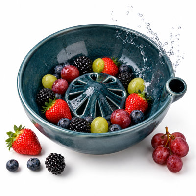 Glazed Ceramic Berry Rinse & Serve Bowl with Raised Center Drain for Berries, Grapes & Small Produce