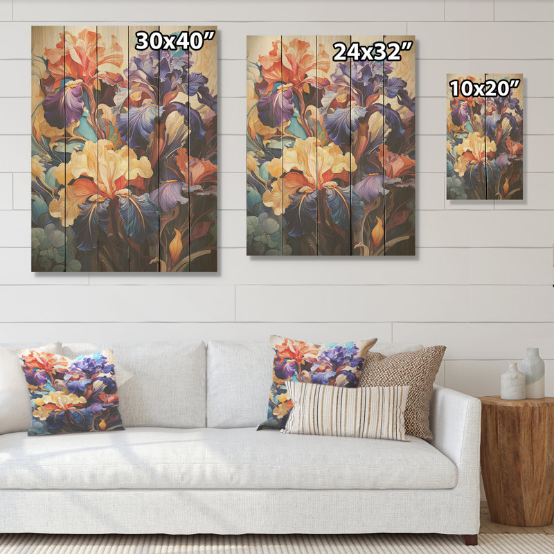Iris colorés avec leurs courbes distinctives - Art mural en bois d'iris sur bois de pin naturel, H 40 po x l 30 po