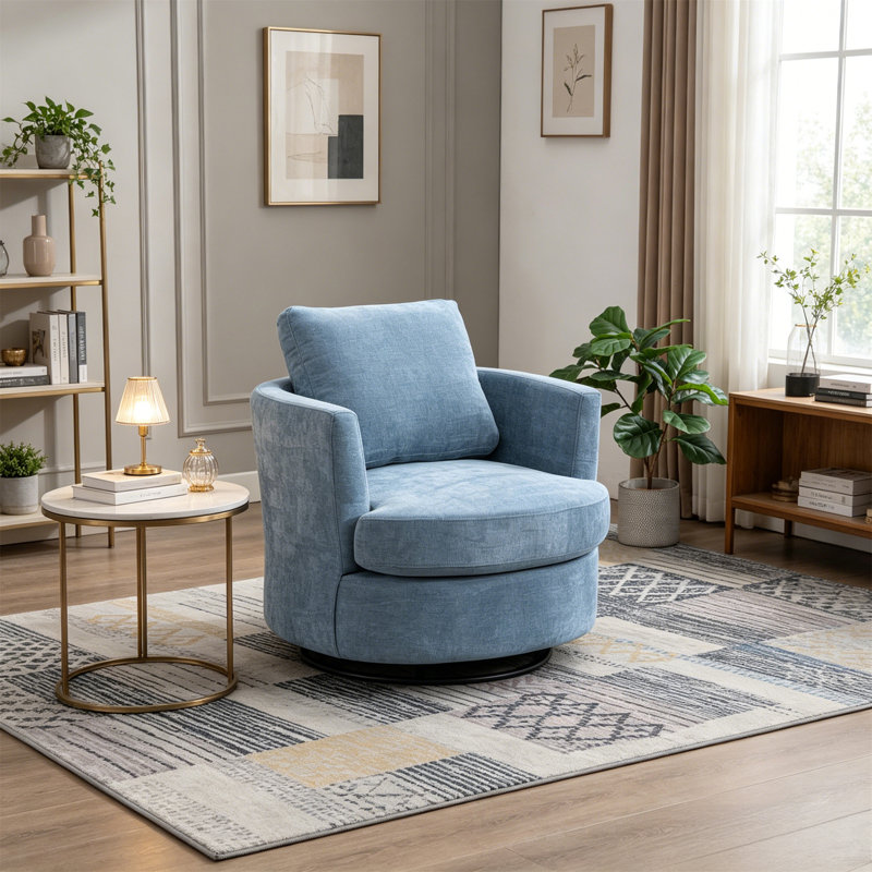31.9"W Chenille Swivel Accent Barrel Chair And Comfy Round Accent Sofa Chair For Living Room, Light Blue