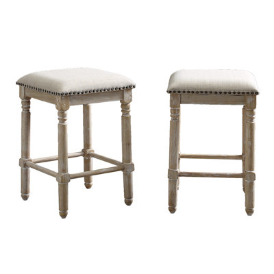 Tabouret rembourré brun clair - Fini délavé blanc