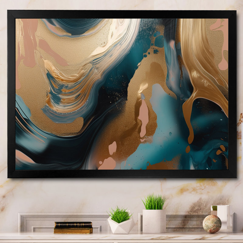 Or et vert marbré Euphoria II - impression sur toile de marbre abstrait, Cadre simple noir, H 30 po x l 40 po x P 1,5 po