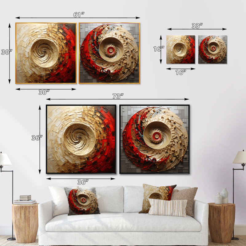 Minimalisme doré rouge spirales en poterie - ensemble de 2 collages carrés à spirales abstraites, Toile tendue
