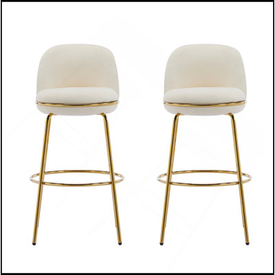 Indoor Metal Upholstered Barstool, Gold Finished Frame And Beige Upholstery, Set Of 2