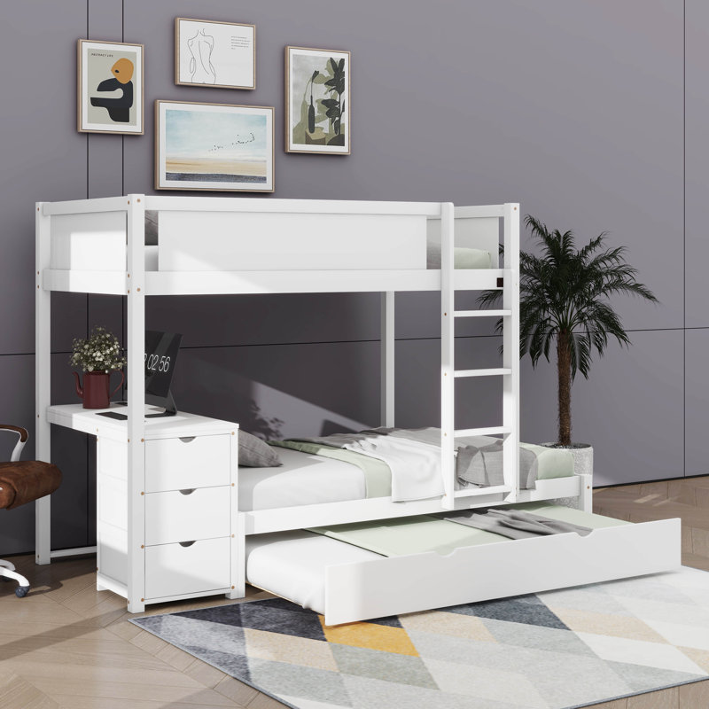 Un lit superposé avec un lit gigogne supplémentaire inclus, Lit superposé simple sur simple, Blanc