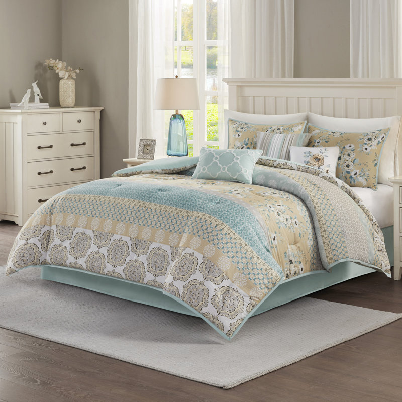 Bennett 7 Piece Jacquard Comforter Set, Queen Comforter + 1 Bed Skirt + 2 Shams + 3 Decora, Navy