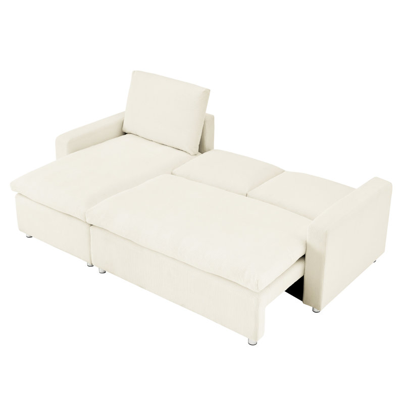 Canapé-lit de 55 po de hauteur avec méridienne réversible et lit escamotable en velours côtelé beige, Beige