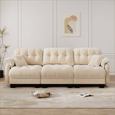 Canapé modulaire en chenille nuage, siège profond capitonné avec garniture pompon et 4 coussins décoratifs
