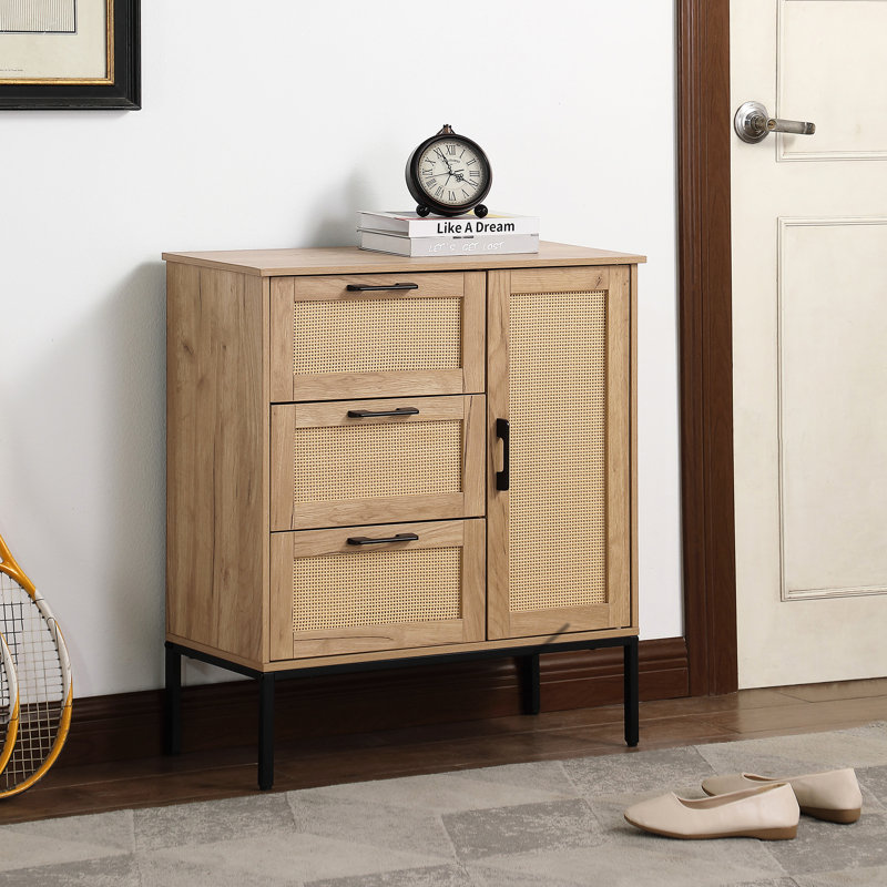 Armoire de rangement à 3 tiroirs de style Mid-Century avec portes ornées et tablettes réglables, pour un usage domestique