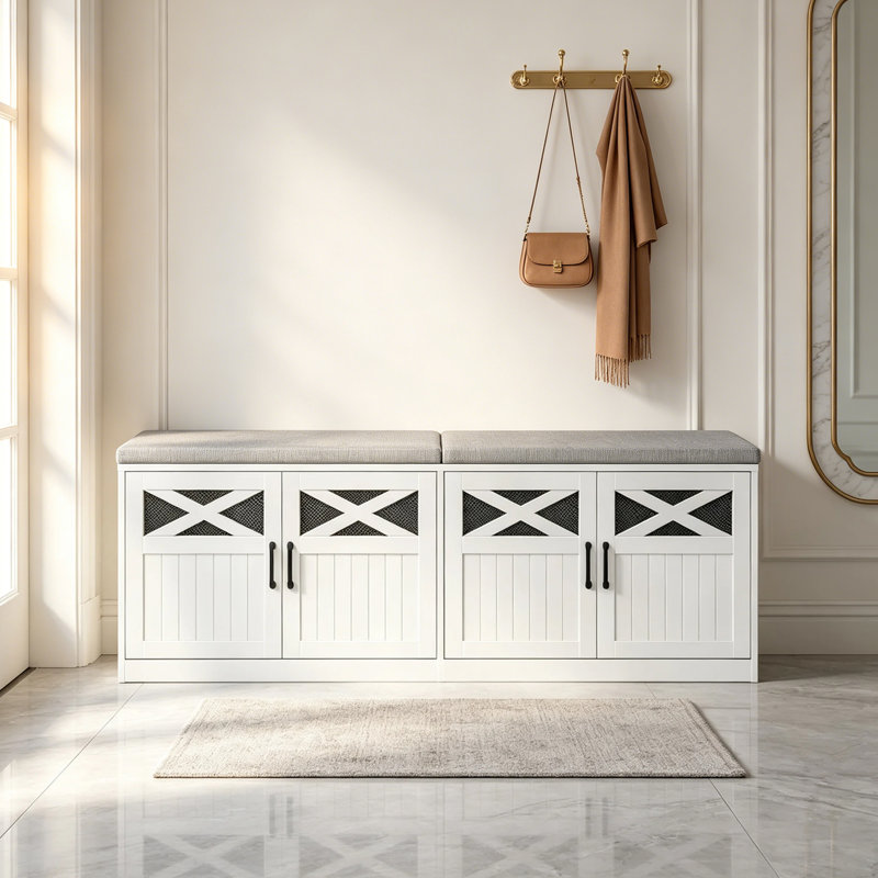 2 Tier Shoe Storage Bench with Doors, 59" Farmhouse Shoe Bench with Padded Cushion, 12 Pairs of Bed End Bench, Entryway Bench with Storage for Bedroom, Living Room, White
