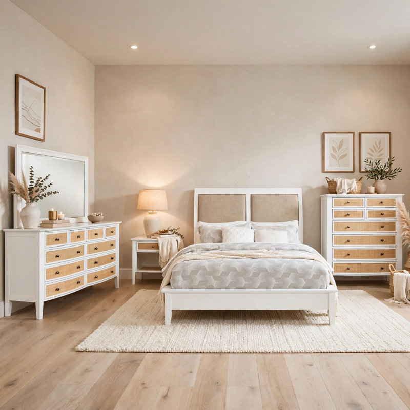 Ensemble de chambre pour grand lit 5 pièces Heo, tiroir tissé en rotin, tissu brun, blanc, Grand lit