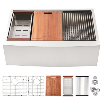16 Gauge Double Bowl  60/40  33 Inch Apron Front Stainless Steel Kitchen Sink With Workstation For Quick Work, Includes Drain And Cutting Board Good Drainage, Comes Installation Guide Rack