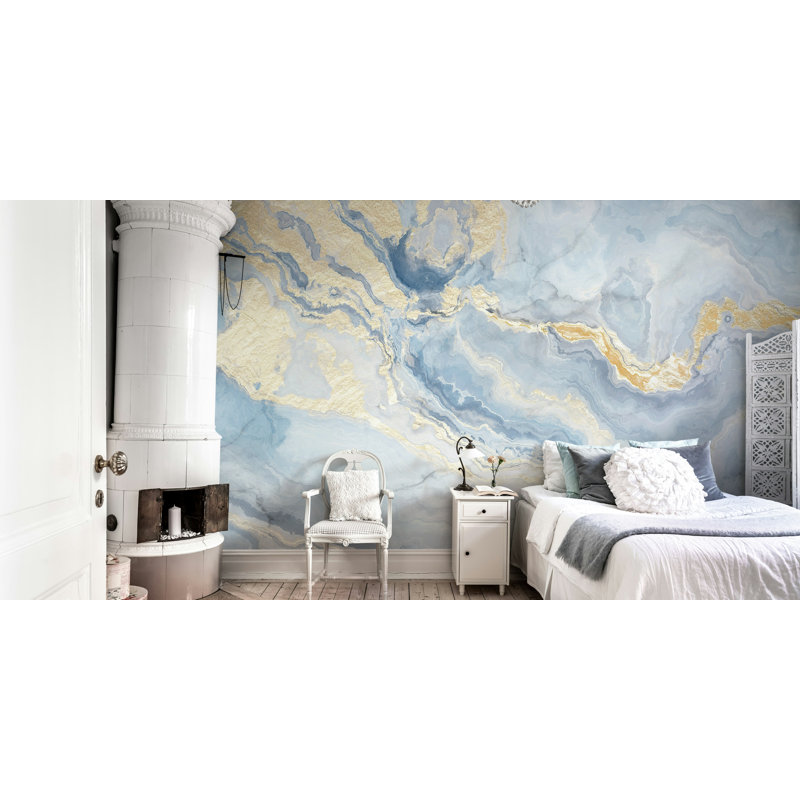 Blue Gold Marble Effect Wallpaper Modern Abstract, 106" L  x 187" W