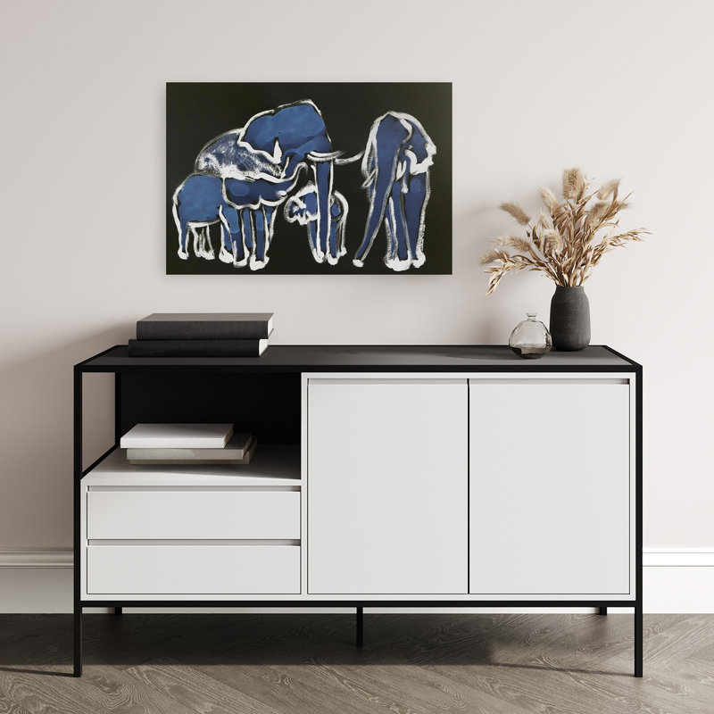 «Blue Elephant Family Abstract Minimalist Modern Elephant Nature Wildlife», reproduction d'art murale, 16" H x 24" W