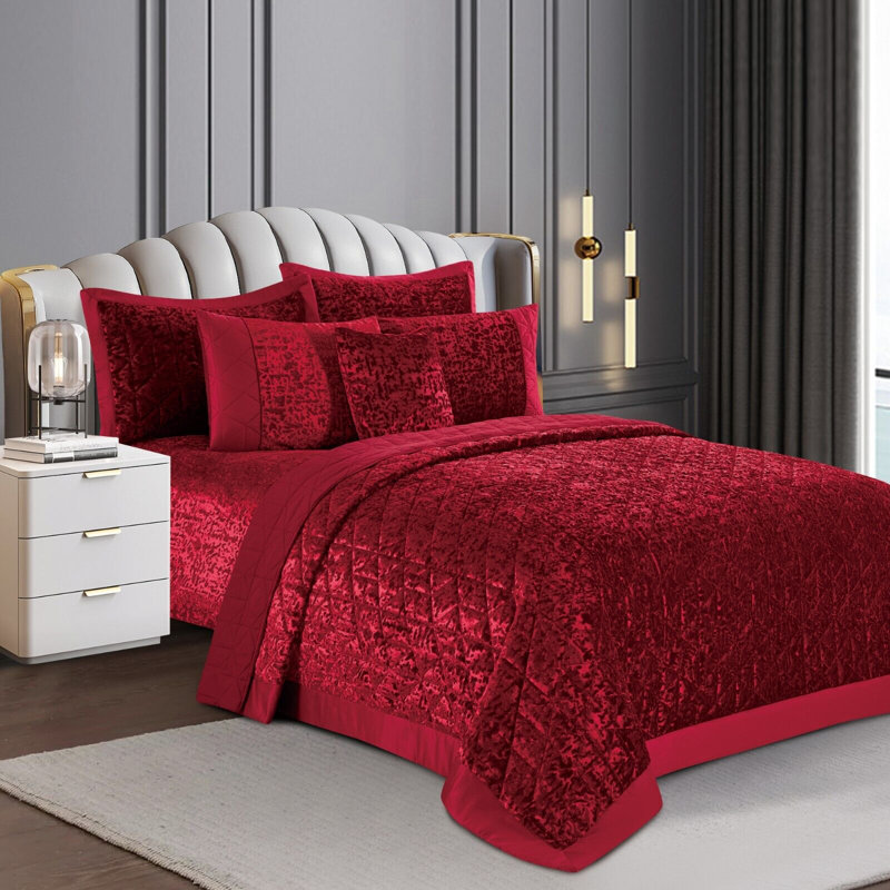 Velvet Plush Crushed Velvet Quilted Coverlet Set – Soft Microfiber Backing, Red, King Bedspread + Pillowshams