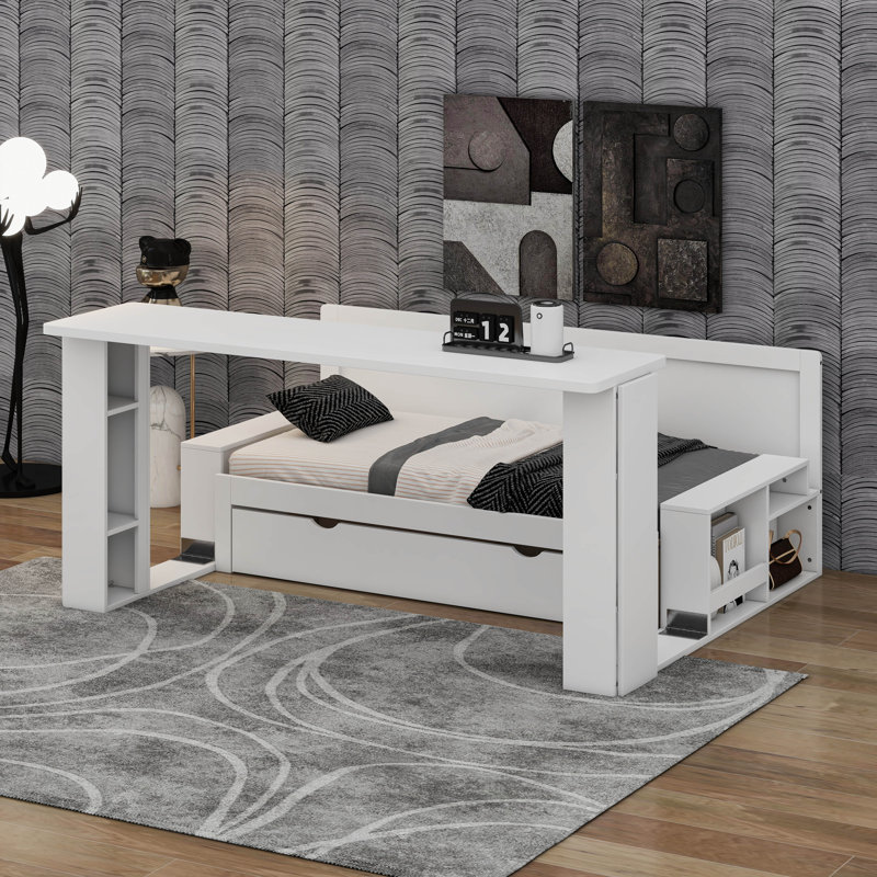 Lit de jour extensible avec bureau amovible et table d'appoint hydraulique, canapé multifonctionnel 4-en-1 Be, Grand, Blanc