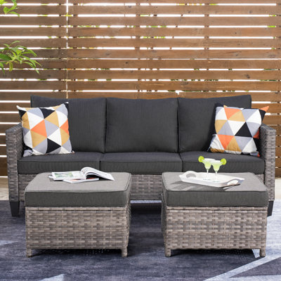 Allcot 3 - Person Wicker Rattan Outdoor Seating Group with Pillows, Cushions and Ottomans, All Weather High Back Conversation Set for Garden Backyard