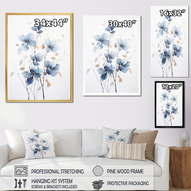Feuilles de ginko tendres dans des tons d'aquarelle bleue I, H 40 po x l 30 po x P 1,5 po, Cadre simple noir
