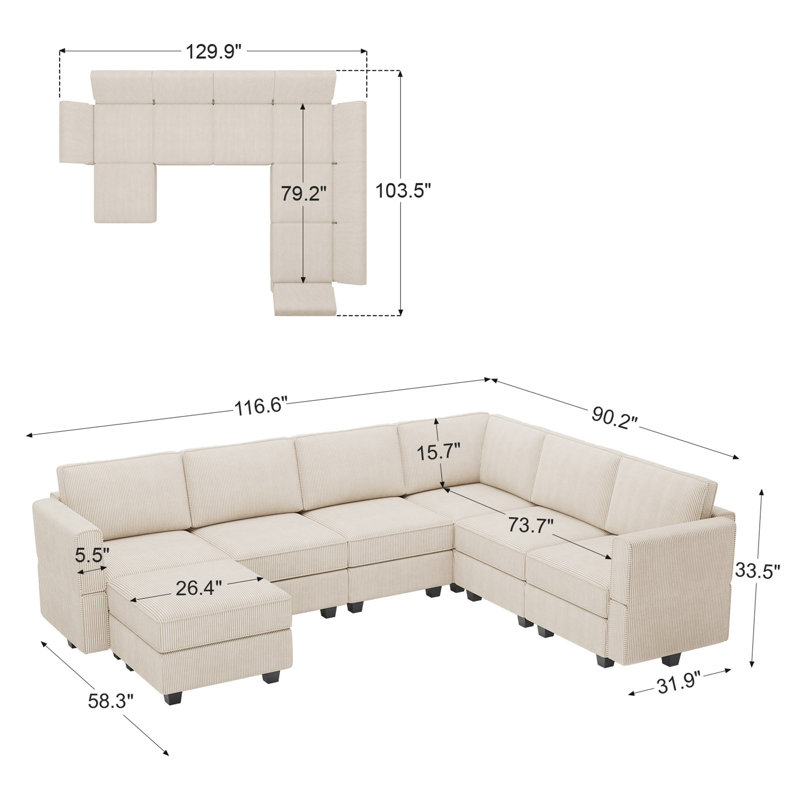 Canapé modulaire en U Hursey Corduroy, Velours côtelé beige
