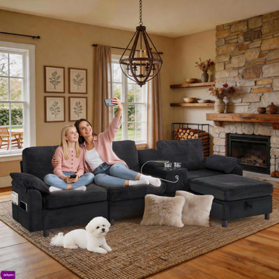 108.5"W L-Shape Sofa with All-in-one Storage Design, Side Storage Armrest Pockets, Beverage Cup Holder Central Console, Liftable Storage Ottoman Chaise