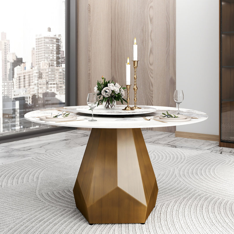 60.51" Round Sintered Stone Table With Metal Base, 31.5" White Rotatable Disc, Seats 8, Antique Brass Modern Stone, 8 Seats,