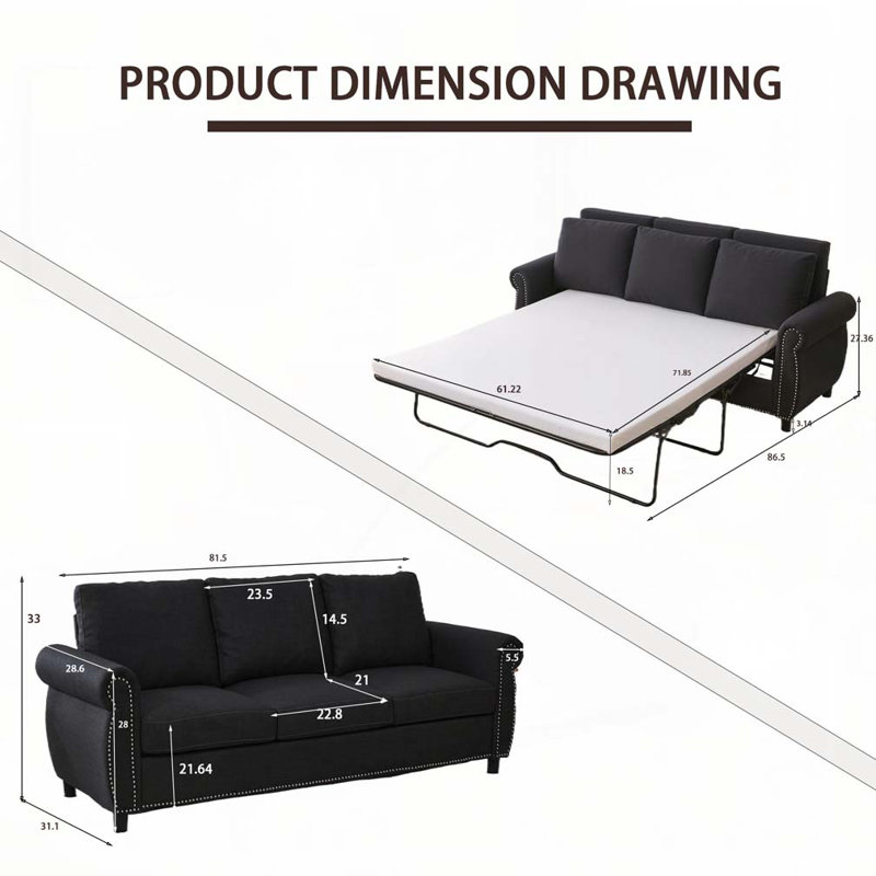 Canapé-lit 81,5 po à 3 places avec canapé-lit et matelas, Gris foncé