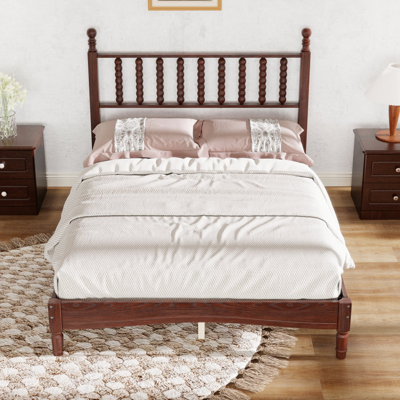 Lit plateforme en bois de style rétro avec tête de lit en forme de gourde et support à lattes, Lit double, Noyer