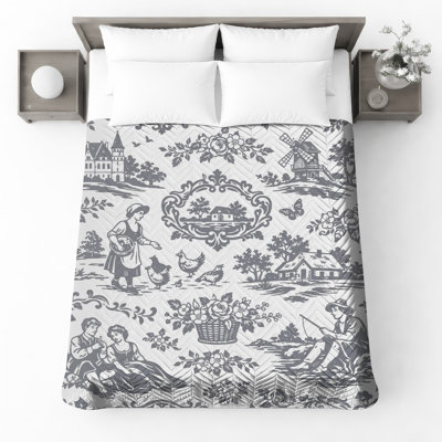 Pastoral Toile Print Quilted Bedspread All Sizes
