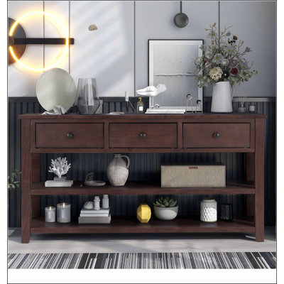 Console rétro avec deux tablettes ouvertes, structure en bois de pin massif et pieds pour le salon