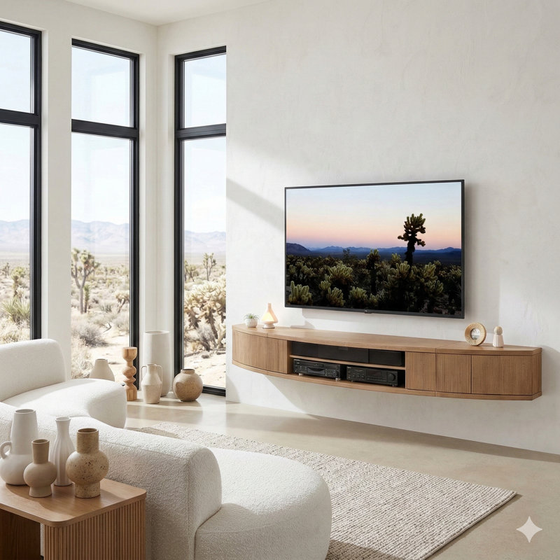 Floating TV Stand Curved Wall Mount Entertainment Center - Arc, Beige Wood