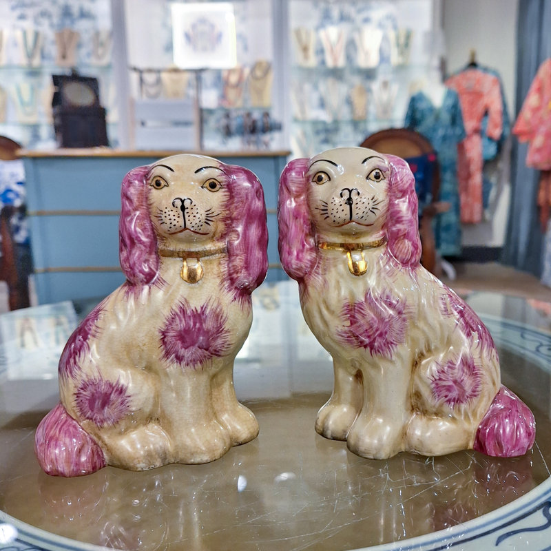 Staffordshire Style Porcelain Dog Pair Pink Antique Small
