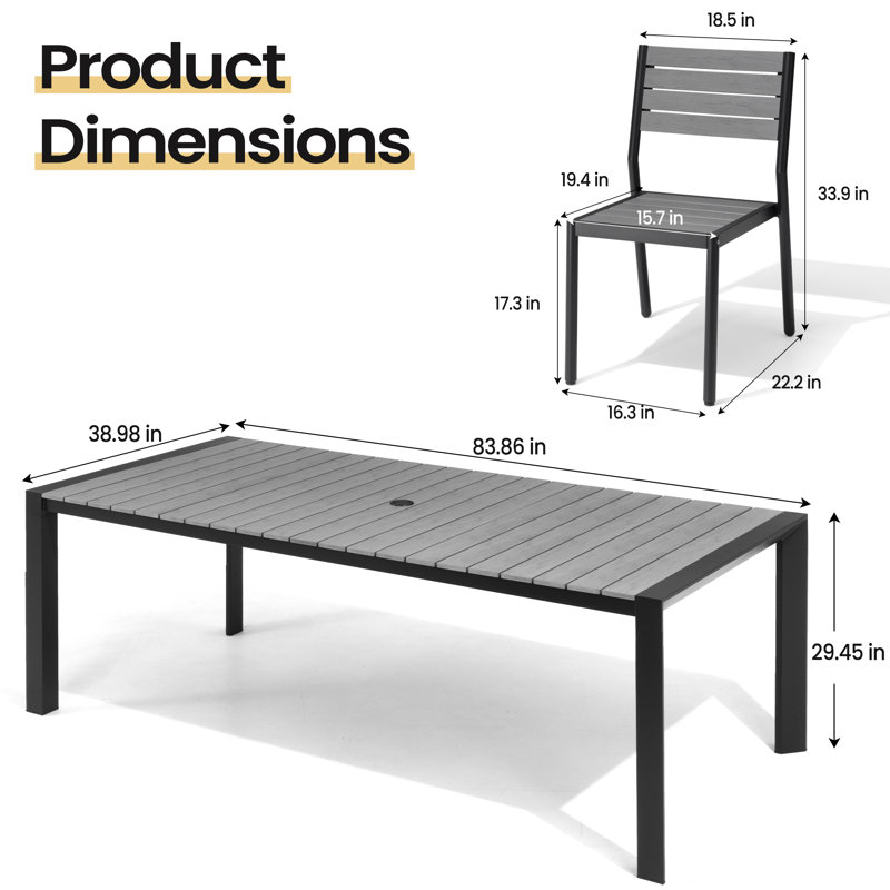 Ensemble repas pour 8 personnes l 84 po x P 39 po en aluminium avec chaises empilables, Gris/noir