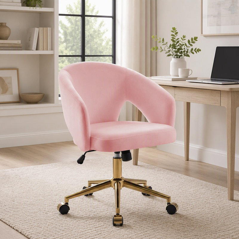 Fauteuil de bureau pivotant ergonomique réglable avec dossier confortable et coussin luxueux, idéal pour de longues heures de travail à la maison ou au bureau, piètement doré, rose