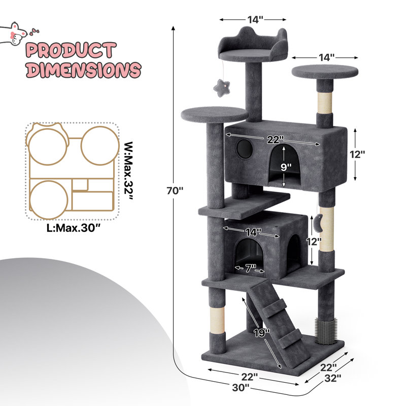 Lizzie Cat Tree Multi Level Play Tower Condo Cat Sisal Scratching Posts with Perches, Ramp and Brush, 70" H x 30" W x 32" D