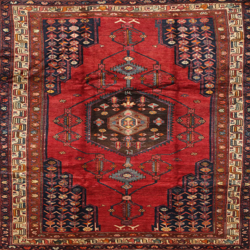Tapis oriental rouge / brun / bleu marine, Carré 6 pi