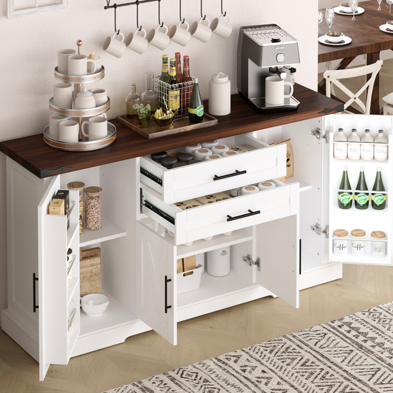 Porte de grange blanche 63 po, avec 2 tiroirs, support, tablettes réglables, pour la cuisine, le vestibule, l'armoire à poignées en métal,