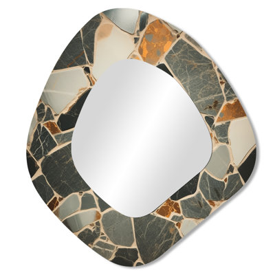 Lygia Grey Abstract harmony in tiles  II - Tile Asymmetrical Wall Mirror, Modern Unique Shape Decorative Mirror, Printed Metal Art