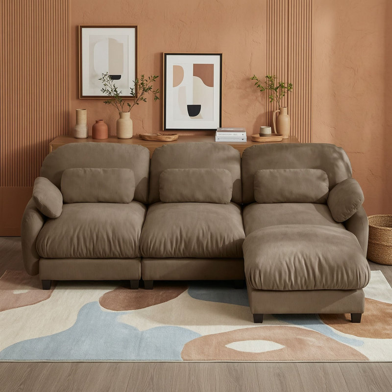 Canapé modulaire moderne en chenille avec pouf amovible, coussins lombaires, coussins en mousse haute densité et assise profonde