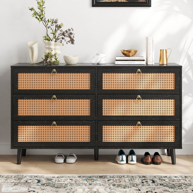 Commode double à 6 tiroirs en rotin pour chambre à coucher, commode, commode à tiroirs moderne, Noir, noir, noir, noir
