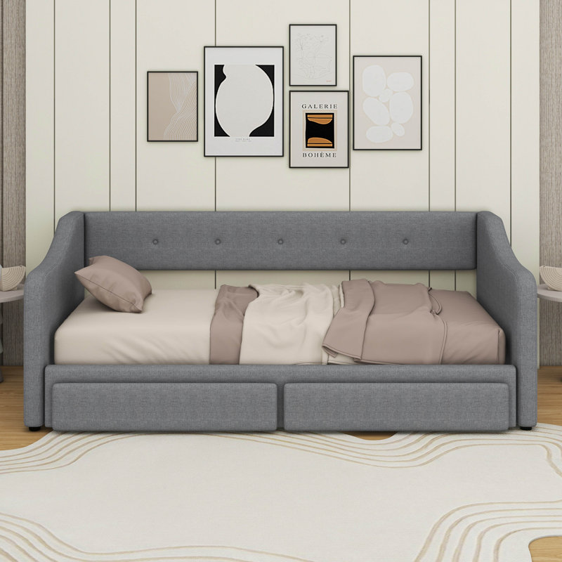 Twin XL To King Size Upholstered Daybed With Two Drawers, Gray