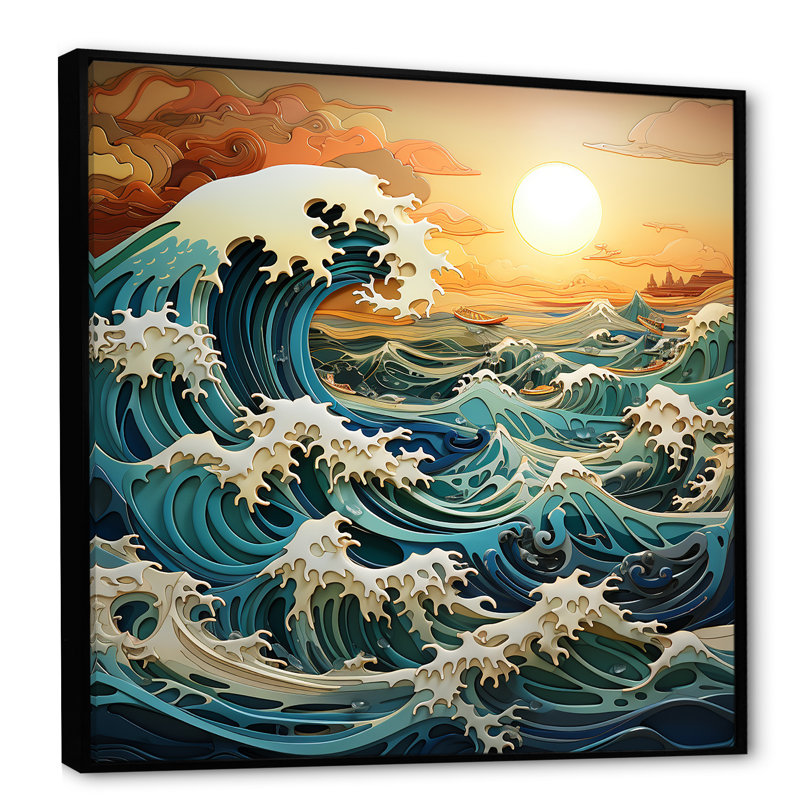 " Ocean Charm Vivid Wood Cut Effect IV ", 16" H x 16" W x 1" D, Black Floater Framed