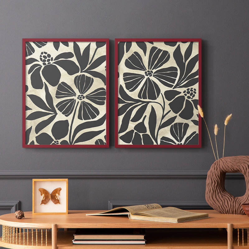 Linocut Garden I-Premium, impression encadrée - prête à être accrochée - aucun clou requis - aucun clou requis, Rouge