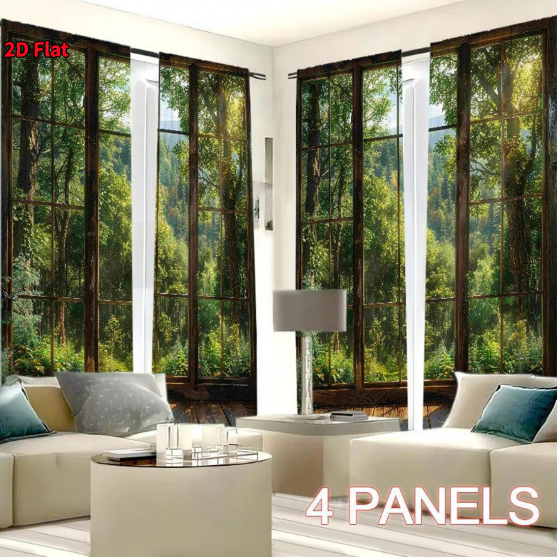 4Pcs Forest Window View Print, Rod Pocket, Room Darkening Privacy Curtains, For Living, Bedroom, Dining, Modern Home Decor, Aesthetic Treatments