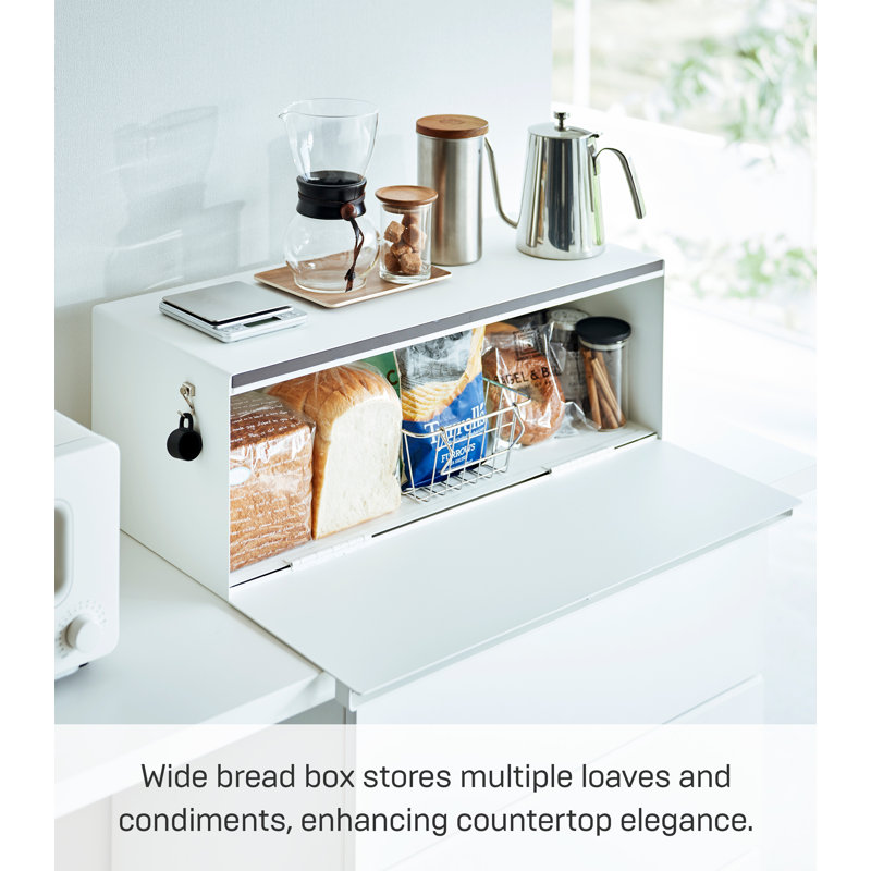 Wide White Steel Bread Box with Magnetic Door