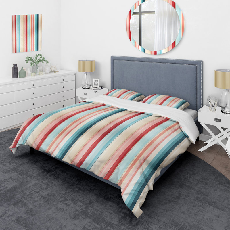 Ensemble de housse de couette Vibrant Striped, Housse de couette pour grand lit et 2 taies décor, Rayé bleu / rouge