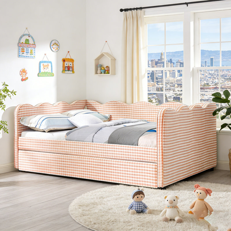Lit de jour avec couchette, port USB et adorable tissu en forme de vague, Rose
