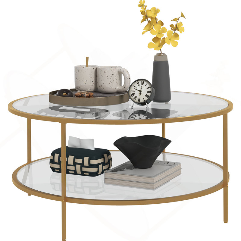Side Table with Storage, Round End Table, 2-Tier Tempered Glass Coffee Table, 16.9" H x 36" L x 36" W, Gold