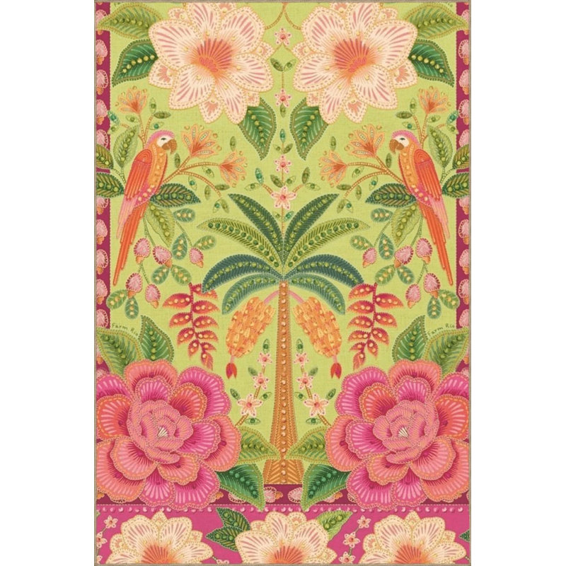Green Pink Themed Parrot Tree And Rose Patterned Vintage Decorative Carpet, Rectangle 4'8" x 6'7"