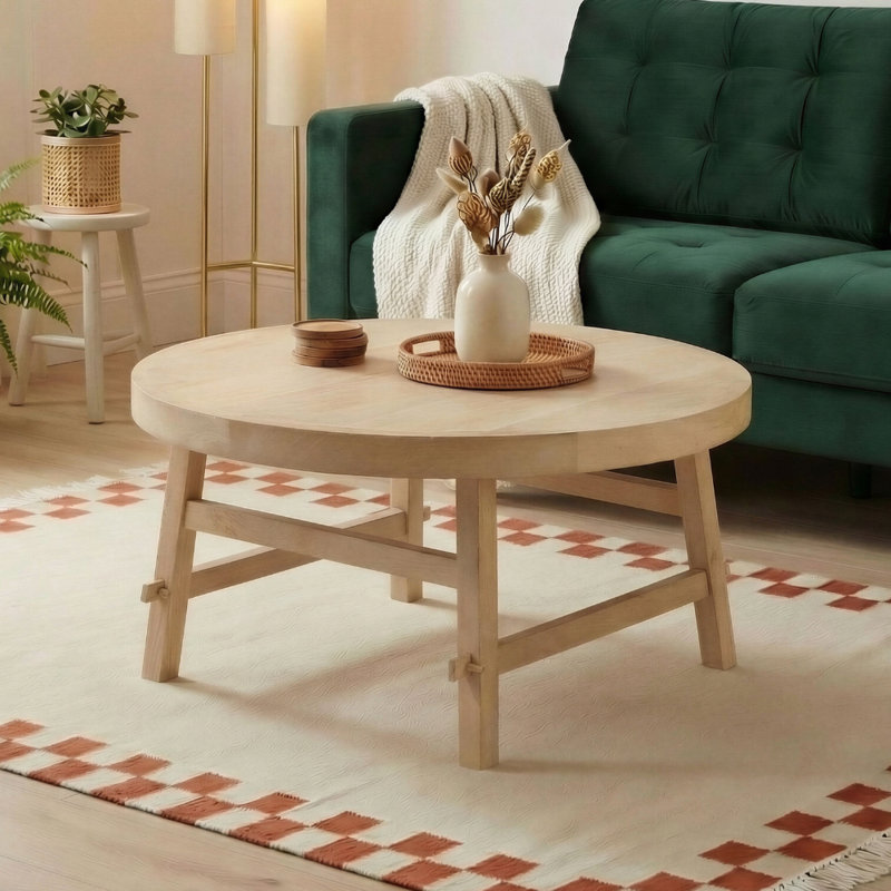 Rockley Circular Mango Wooden Coffee Table - Simple Rustic Farmhouse Style