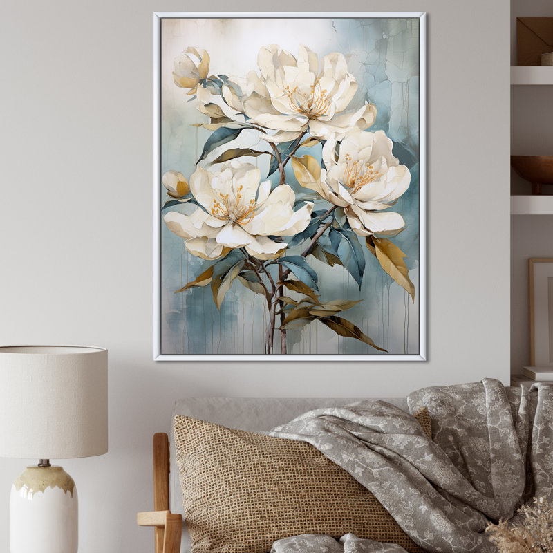 Minimalisme discret rhododendron sur toile, Cadre flottant blanc, H 40 po x l 30 po x P 1,5 po